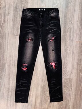 Black Straight-Leg Jeans with Red Patch Distressing